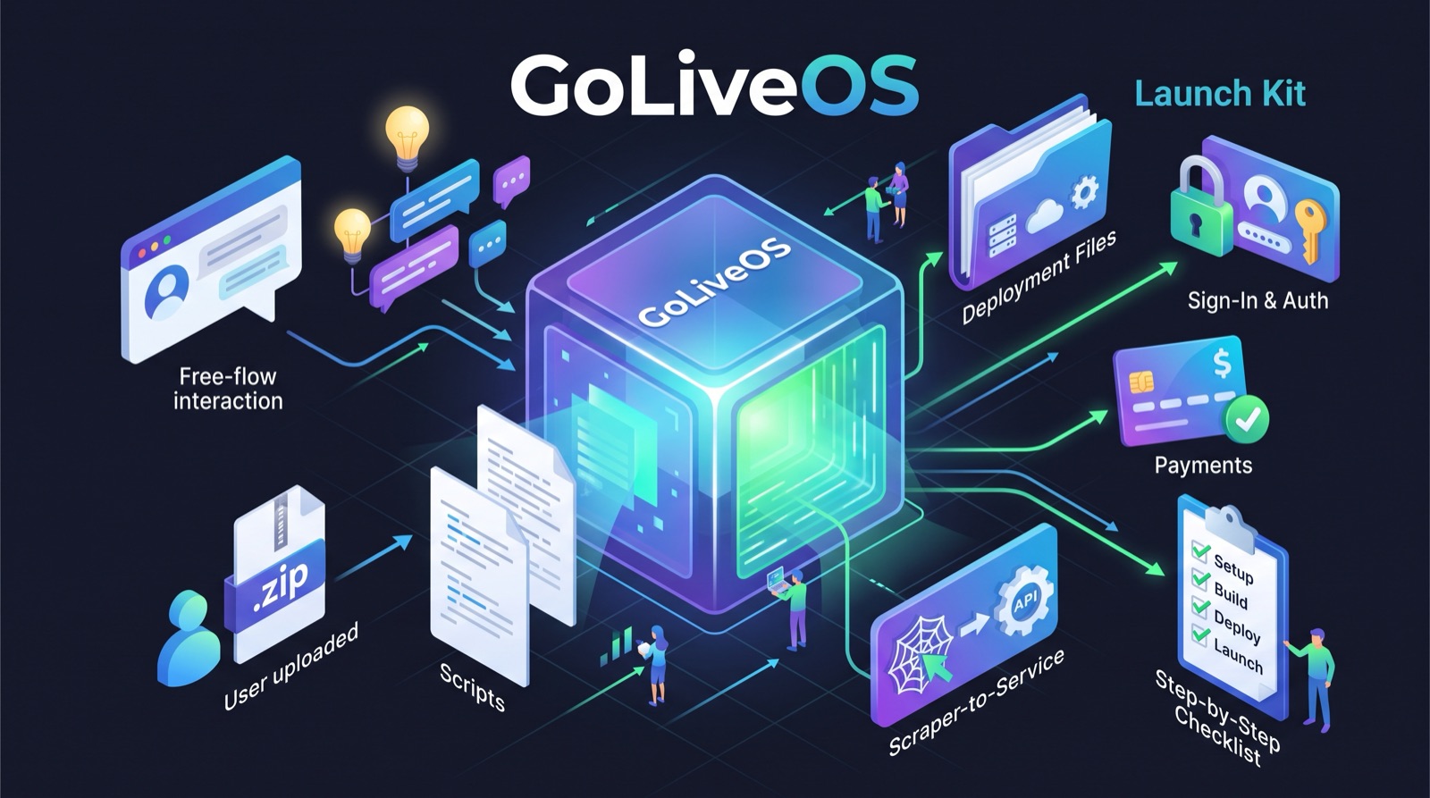 A glowing GoLiveOS cube. A zip file and scripts flow in (free-flow ideas are coming soon); deployment files, sign-in, payments, a scraper wrapper and a checklist flow out.